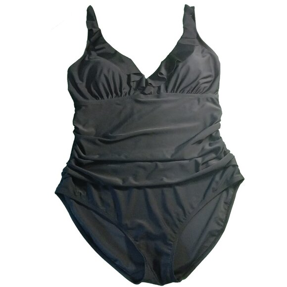 Classic Black One Piece Tummy Control Ruched Swimsuit Size XXL - Picture 1 of 7